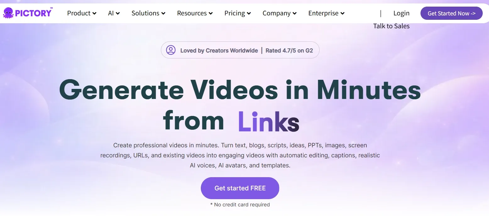 Página de inicio con imágenes que resaltan la generación de videos a partir de enlaces y contenido.