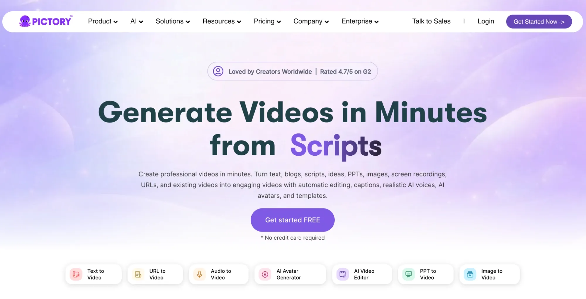 Page d'accueil Pictory faisant la promotion d'outils de génération de scripts en vidéo
