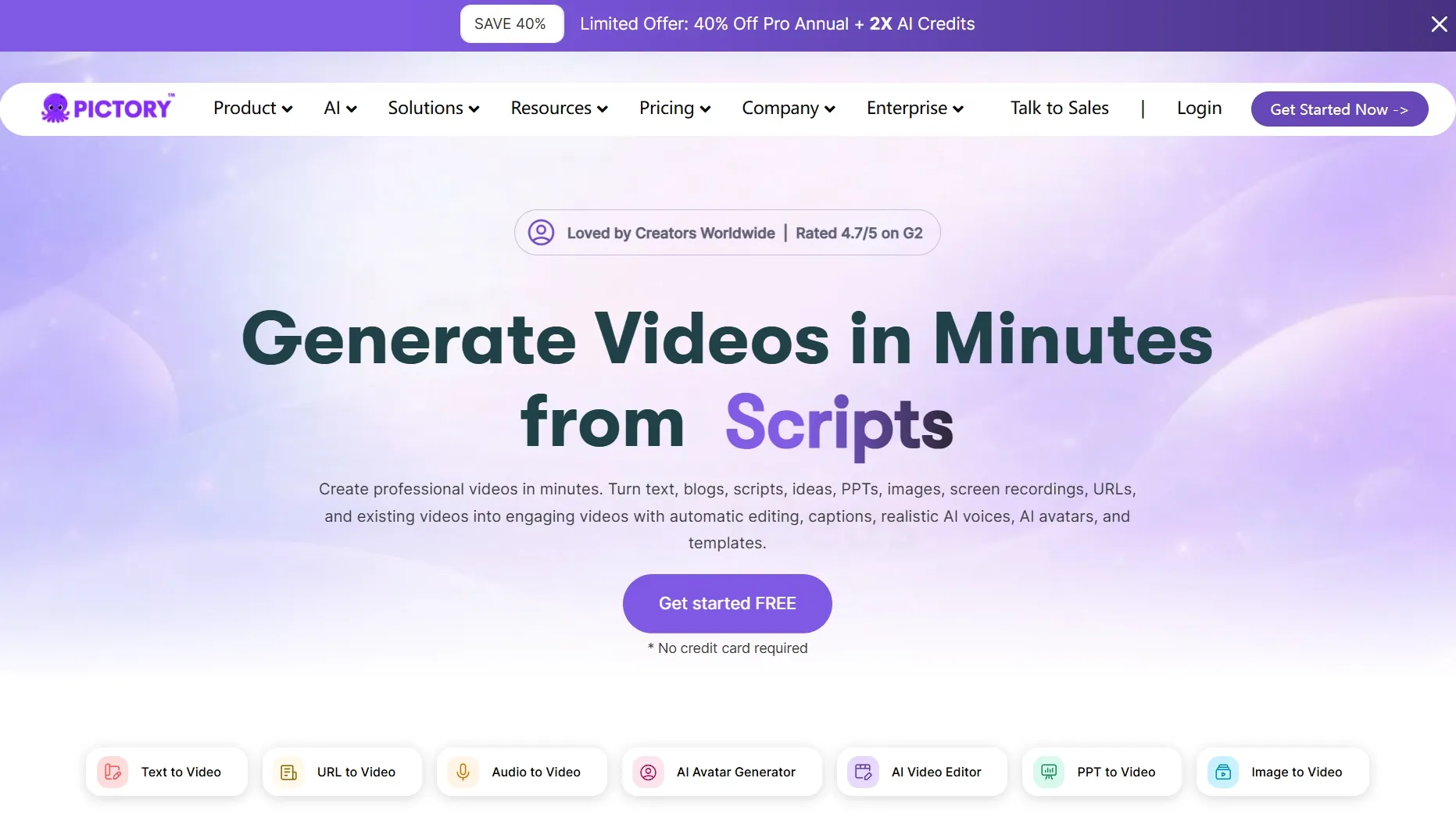 Pictory-homepage voor het genereren van video's vanuit scripts