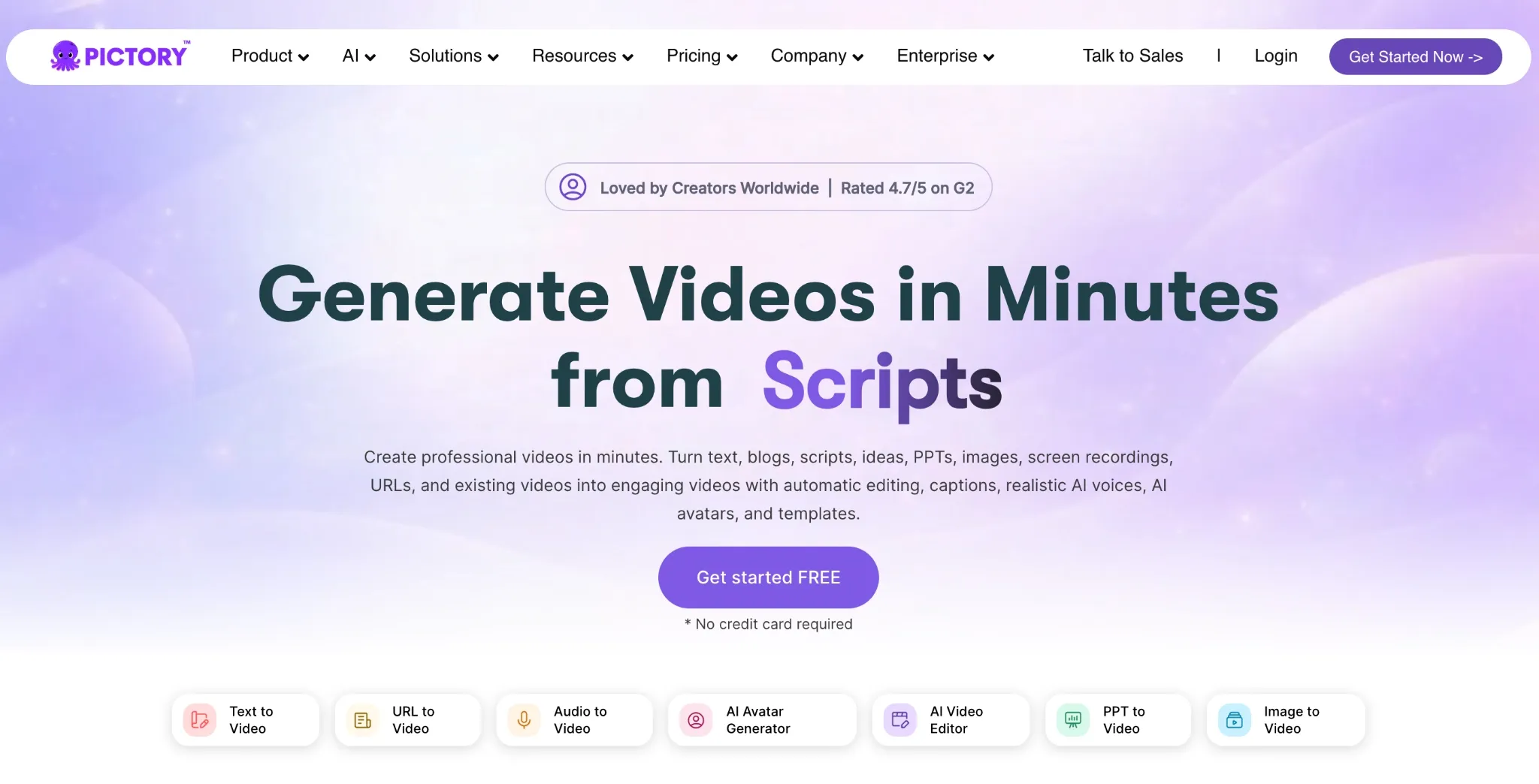Pagina iniziale di Pictory che presenta una piattaforma di intelligenza artificiale per la conversione di script in video.