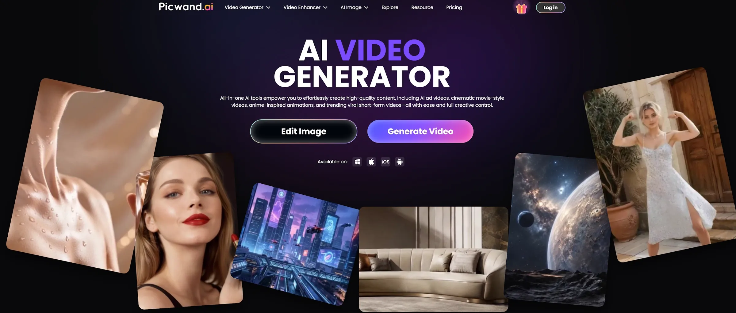 图片展示了Picwand AI视频生成器的界面。上方有导航栏,包括Video Generator、Video Enhancer、AI Image等选项。中间大标题为“AI VIDEO GENERATOR”,下方文字介绍其能高效创建高质...