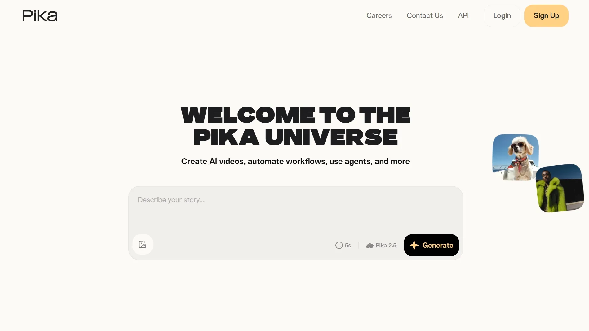 Pika homepage for creating AI videos and automated workflows