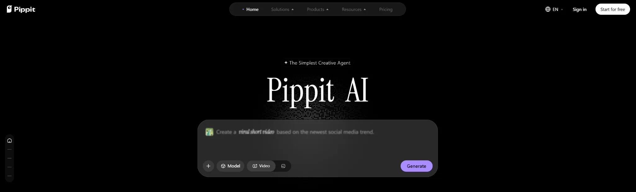 Pippit AI homepage with a prompt to create a viral short video.