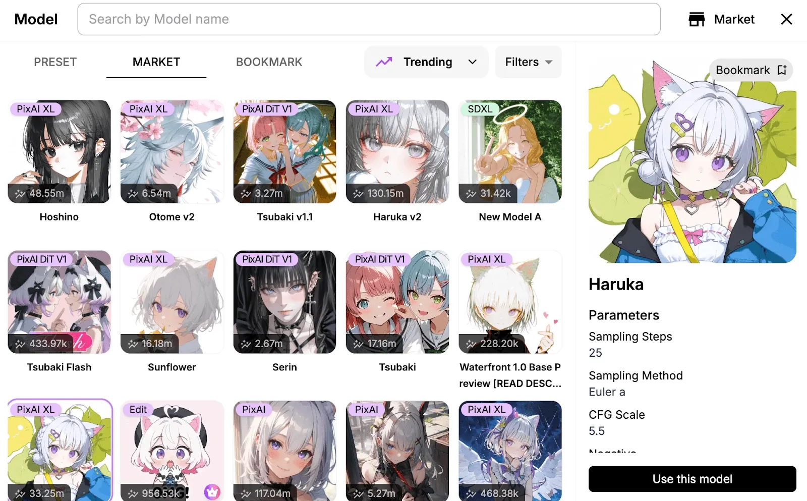 modelli e stili personalizzati Pixai