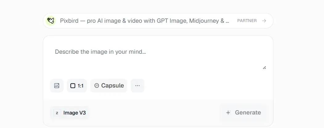 Interface de Pixbird, un outil de génération d’images et de vidéos par IA.