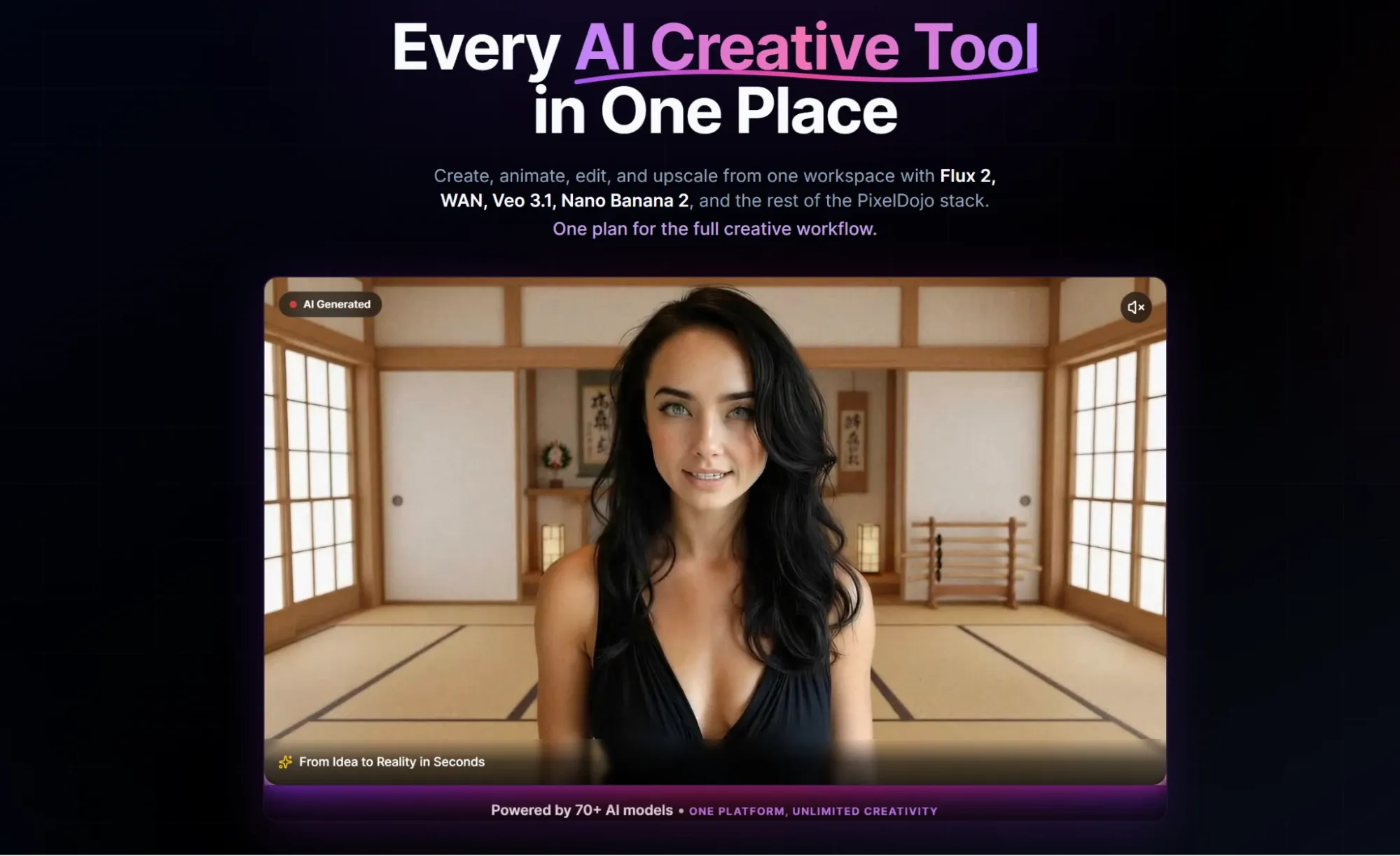 All-in-one PixelDojo AI creative tool platform homepage, displaying AI generated character scene works