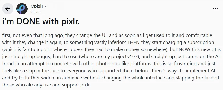Publication de plainte sur Reddit concernant Pixlr