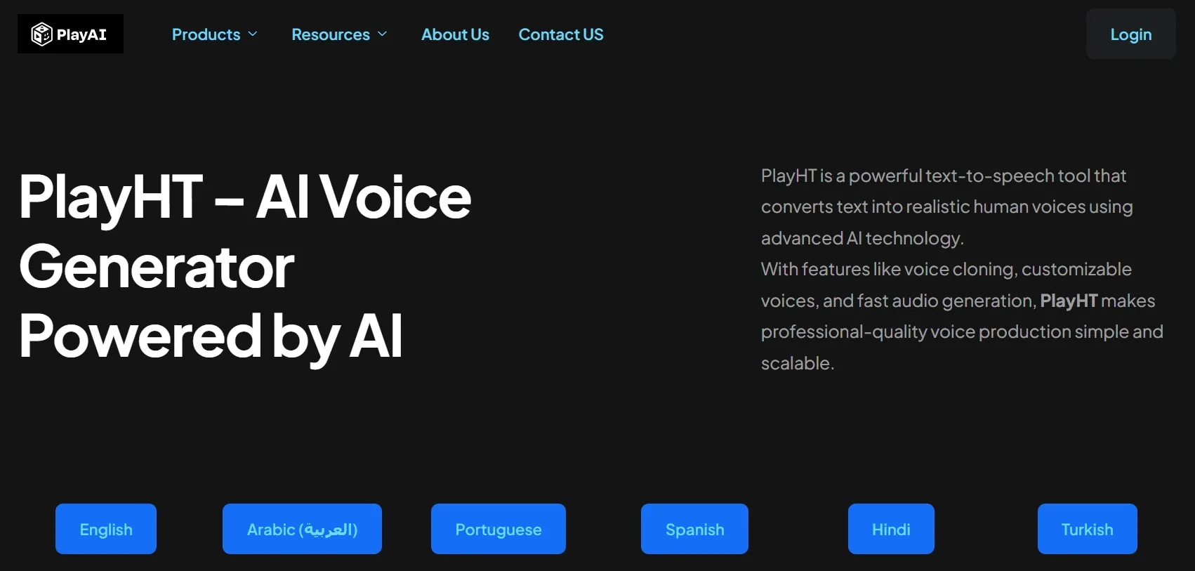 PlayHT AI音声生成器のホームページ。機能と言語オプションを紹介しています。
