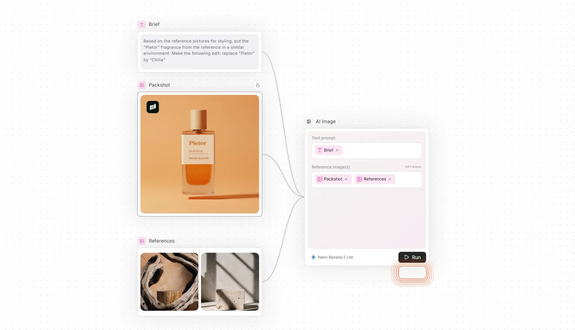 Sebotol Pletor Eau de Parfum dengan latar belakang oranye.