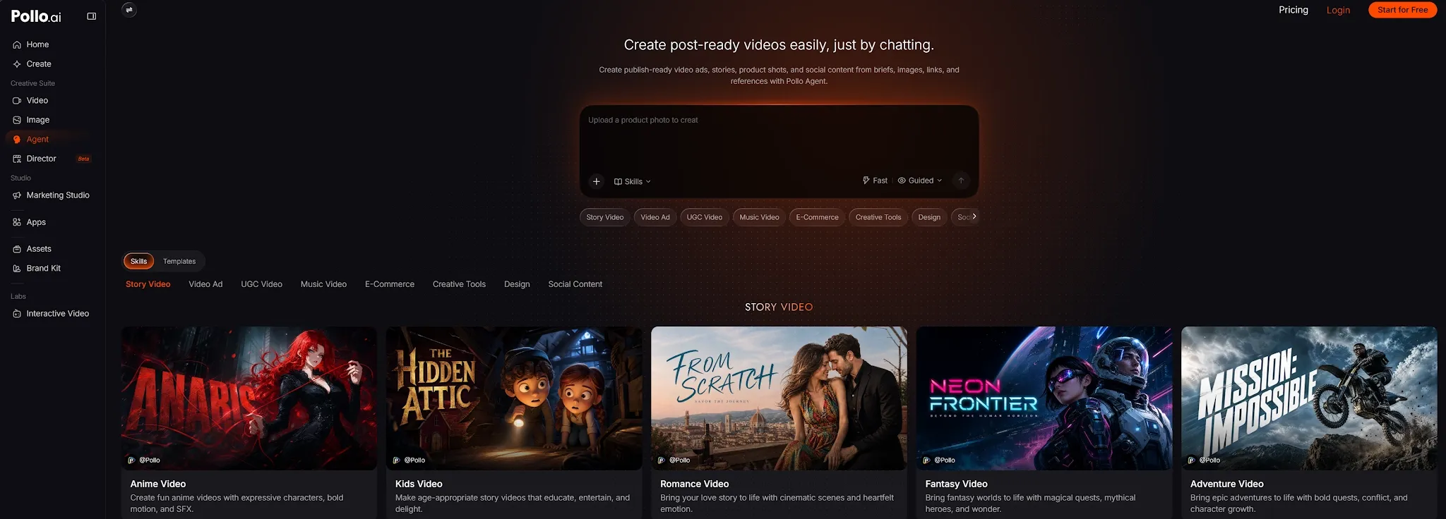 A user interface for creating videos with various templates and categories.