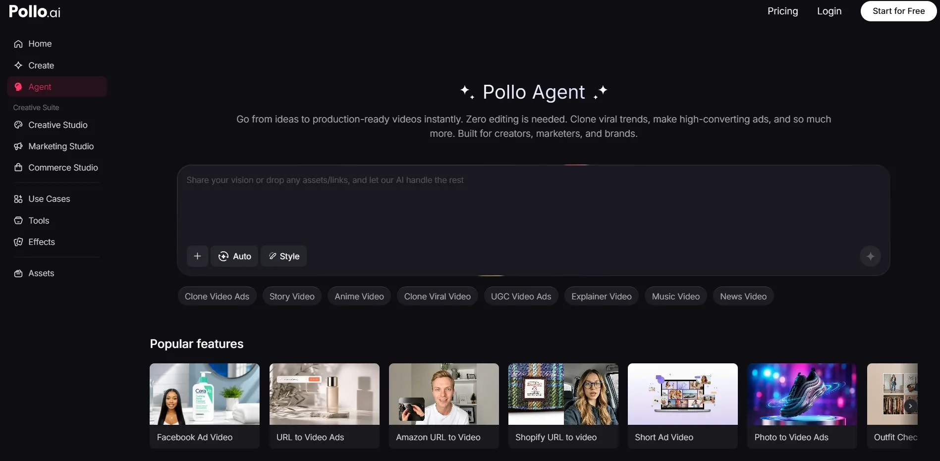 Pollo Agent dashboard for instant AI video production workflows