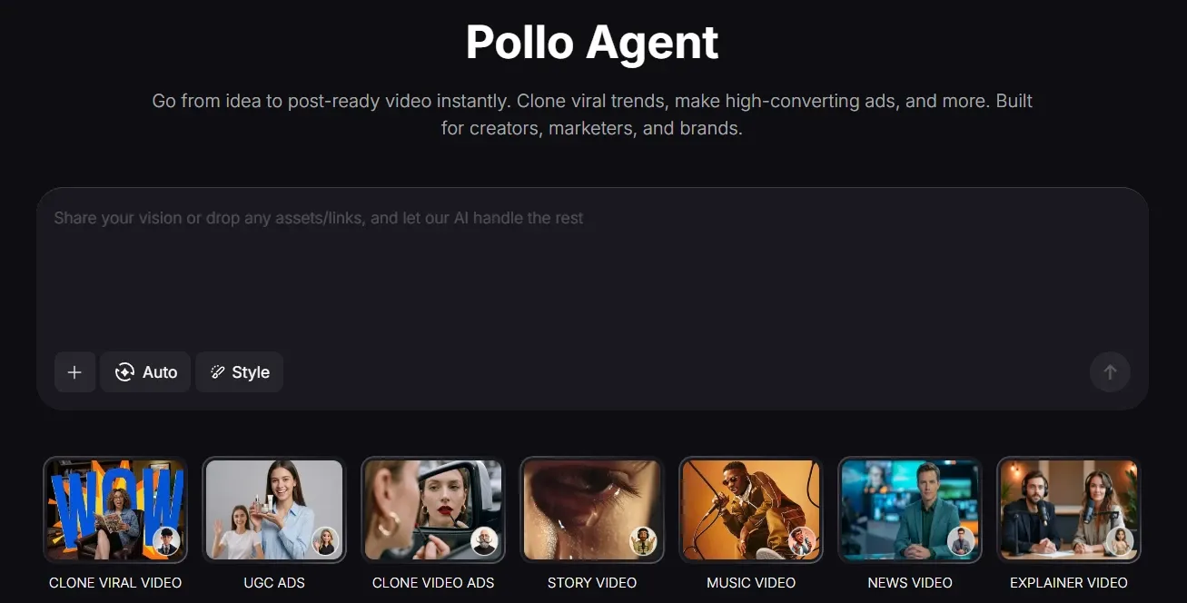 Pollo Agent AI short video creation tool homepage, displaying various viral video generation templates