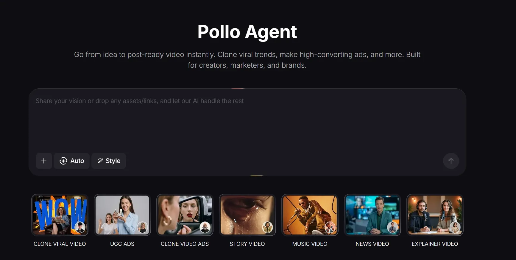 อินเทอร์เฟซการสร้างวิดีโอ Pollo Agent AI พร้อมช่องป้อนคำสั่งและเทมเพลตประเภทวิดีโอ