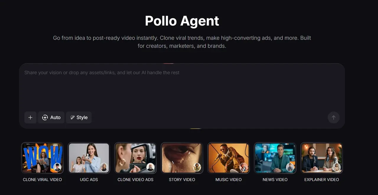 Pollo Agent AI video creation interface with prompt input and video type templates