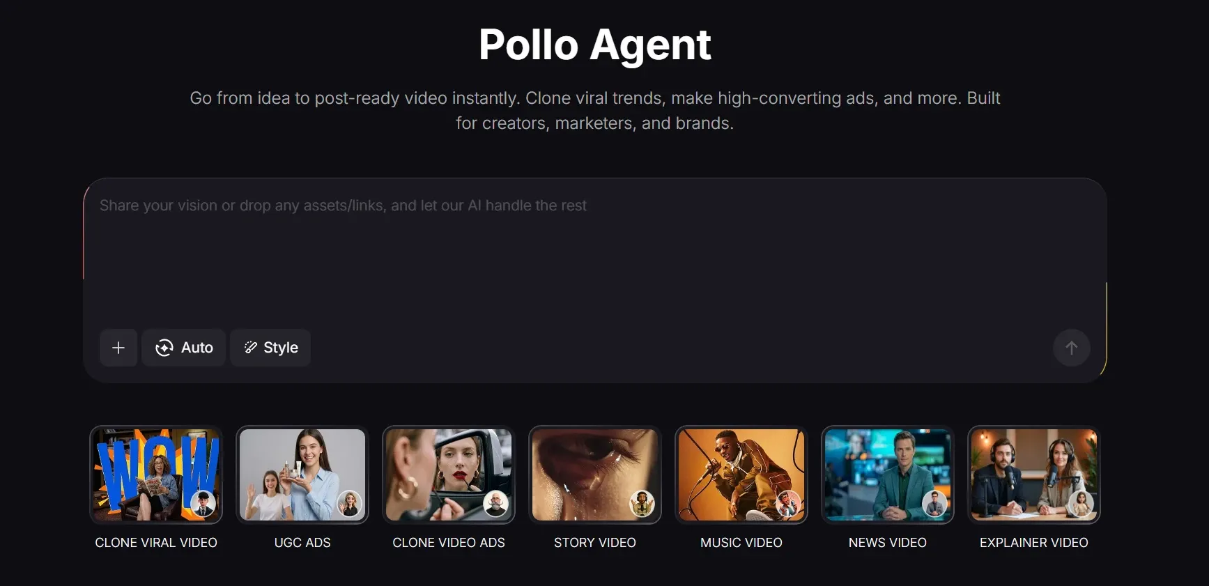 Pollo Agent AI video creation page for generating ready‑to‑post marketing videos instantly