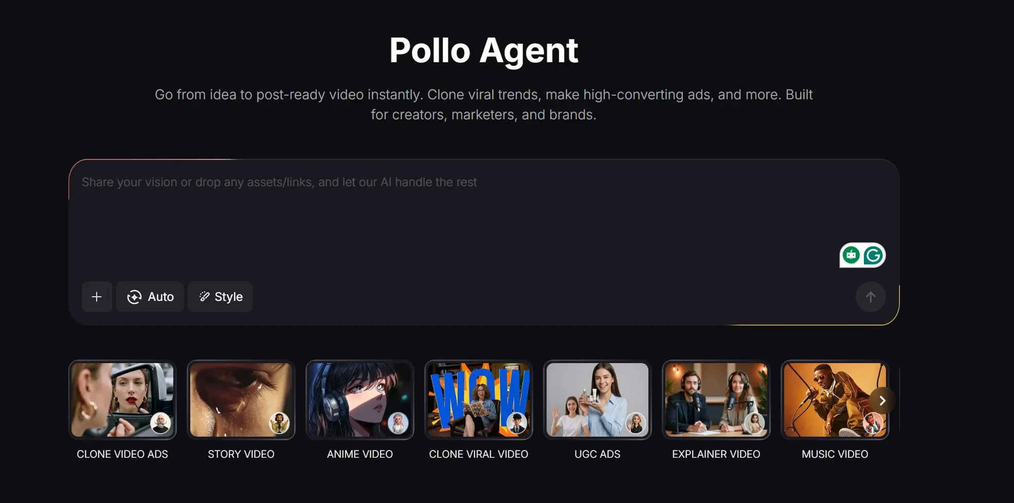 Pollo Agent AI视频生成平台首页，包含输入框和各种视频模板类别