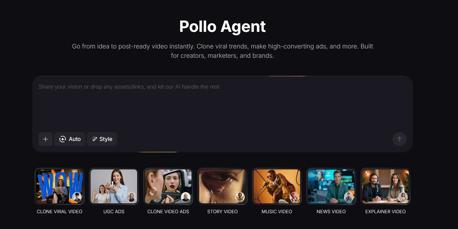 Pollo Agent AI video creator main interface, enabling instant post-ready video creation from ideas including viral video cloning, UGC ads, story videos and explainer videos