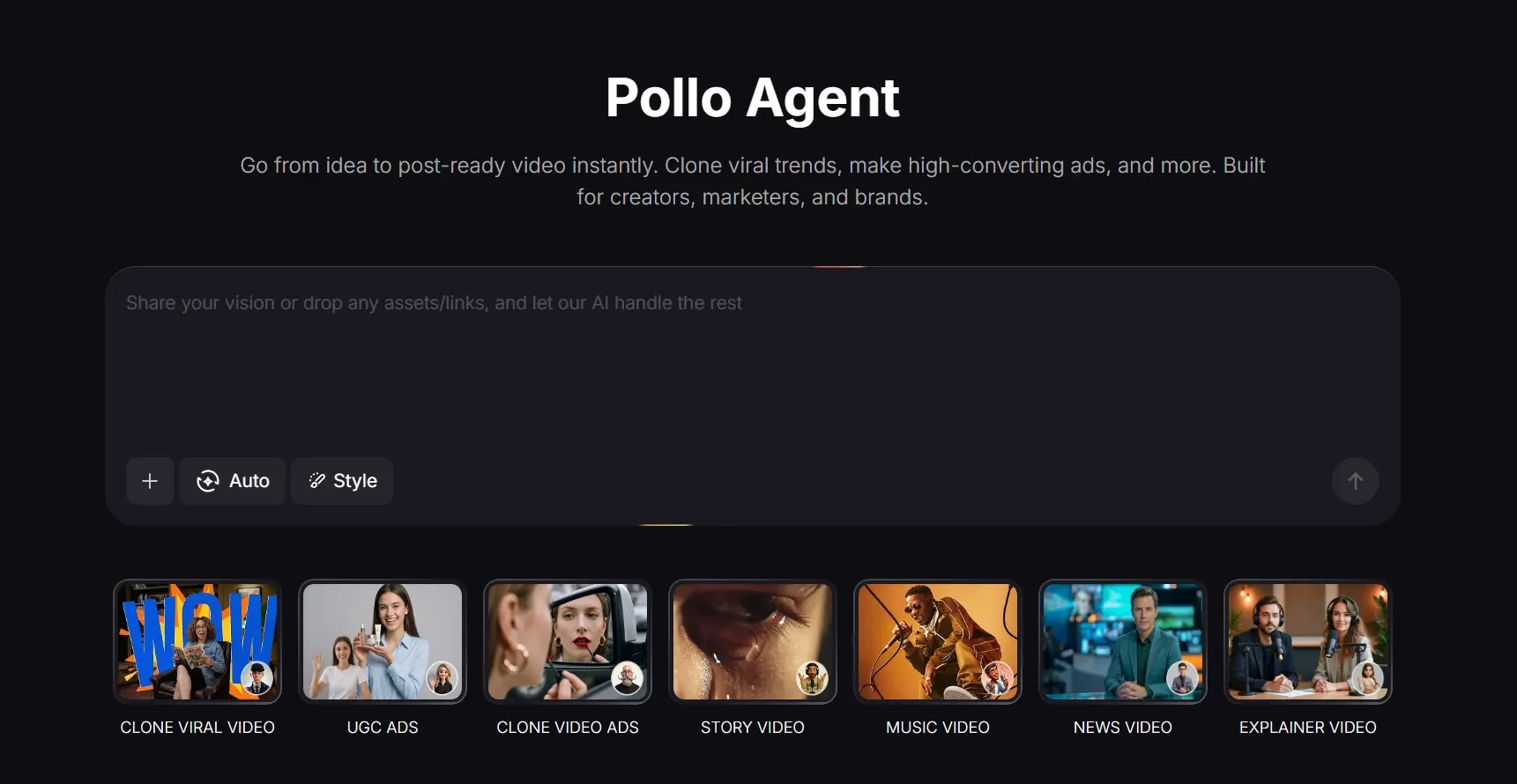 Interface da ferramenta de criação de vídeo Pollo Agent AI, que permite a criação instantânea de vídeos a partir de ideias, incluindo clonagem de vídeos virais, anúncios de UGC, notícias e vídeos explicativos