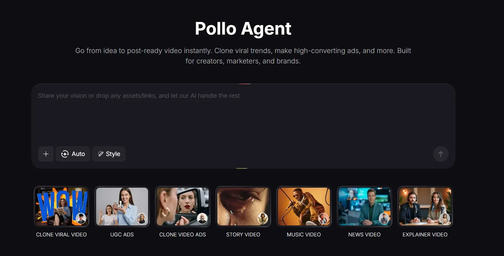 Pollo Agent AI video generation tool interface for creating viral ads, story videos, and other content types from prompts
