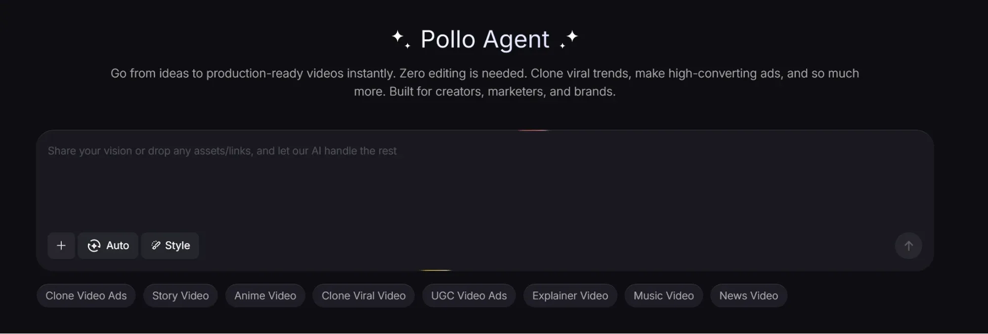 L'interface d'IA de Pollo Agent permet de générer instantanément des vidéos marketing prêtes à la production, sans aucun montage manuel.