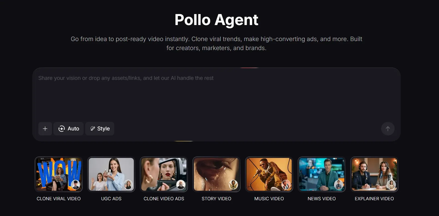 Pollo Agent AI video genereringsværktøj hovedgrænseflade med forskellige videoskabeloner, herunder UGC-annoncer, nyhedsvideoer og musikvideoer