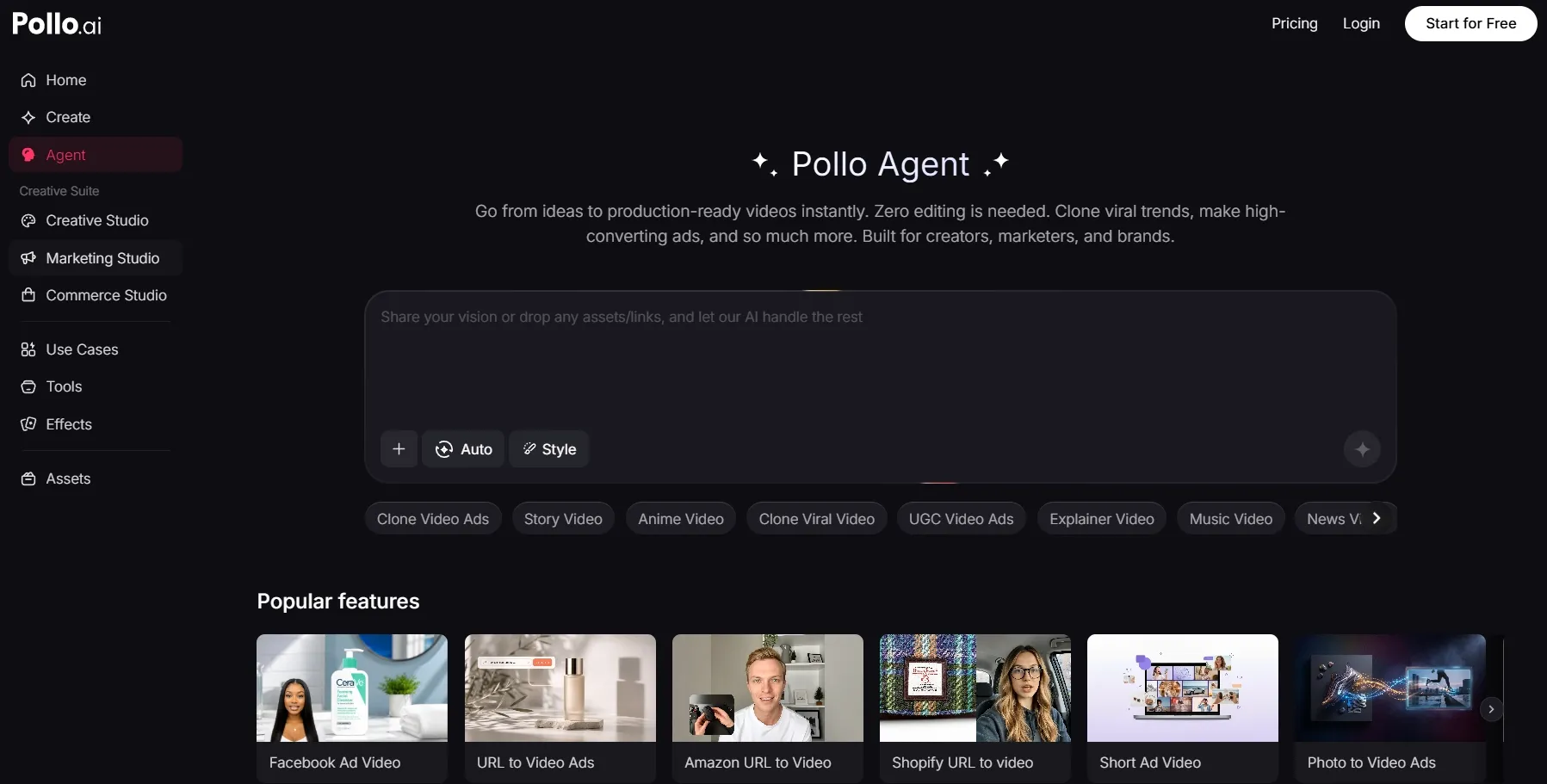 Pagina dell'agente Pollo con casella di richiesta e schede con funzionalità di creazione video
