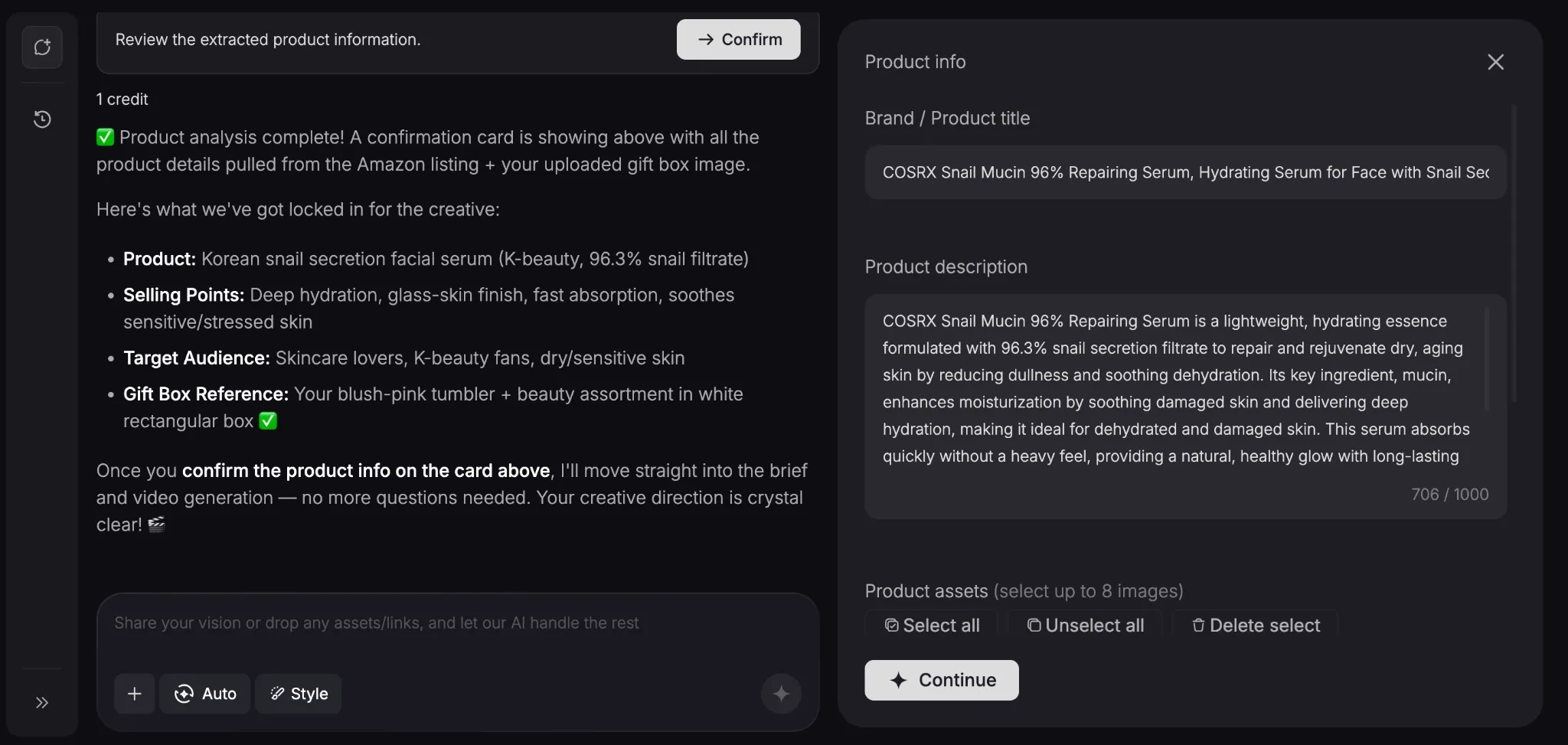 Pollo.ai agent interface showing extracted skincare product information for review