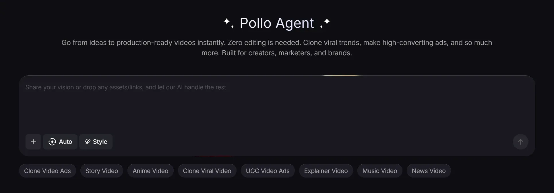 Page Pollo Agent présentant différents styles de création vidéo, notamment des publicités, des animes, des narrations et des clips musicaux.