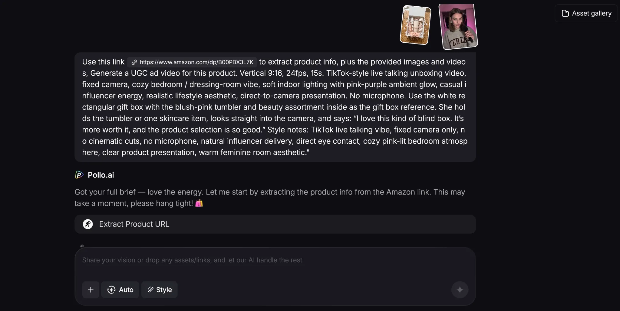 Pollo.ai agent interface extracting product information from an Amazon link