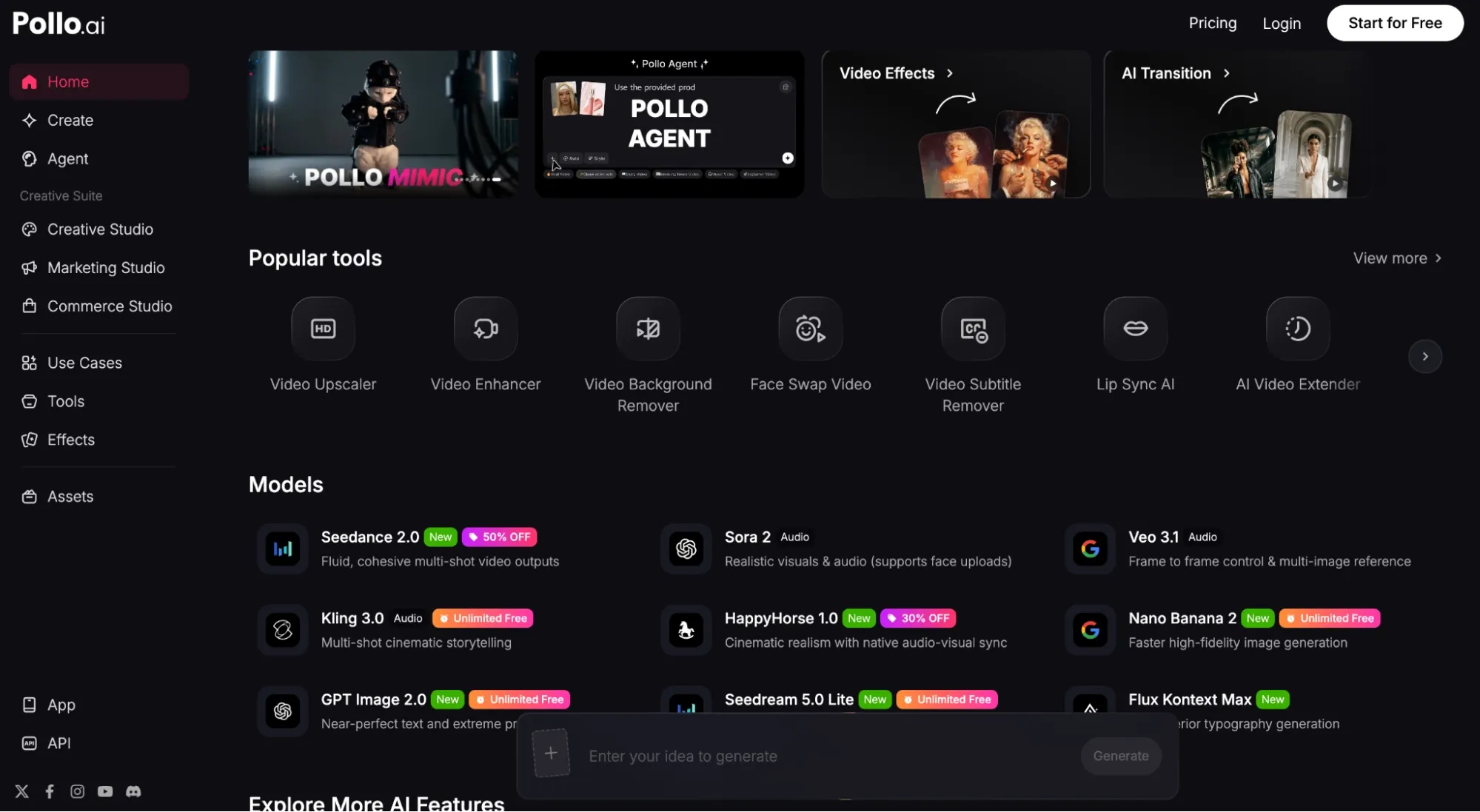 Pollo AI homepage showcasing video tools, models, and generator