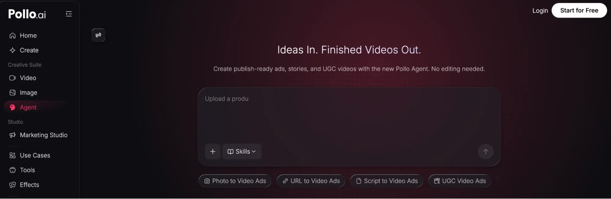 Video reklamları ve UGC içeriği oluşturmak için Pollo.ai arayüzü.