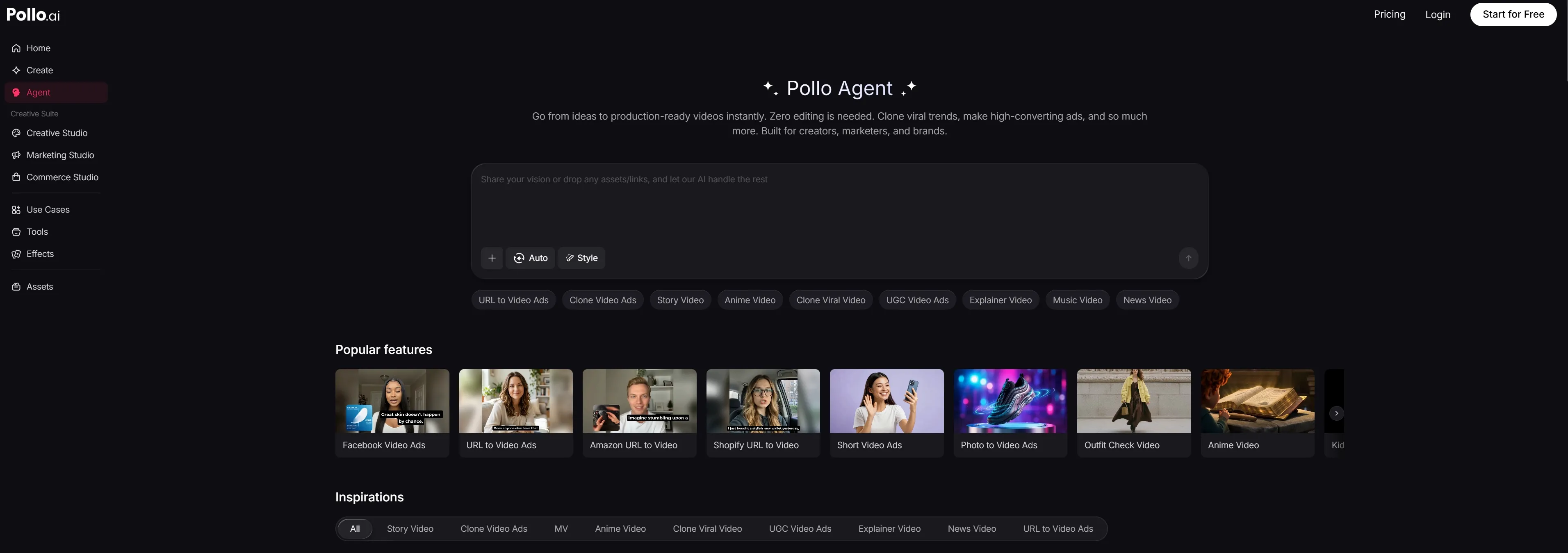 User interface of Pollo.ai showcasing video creation features and options.
