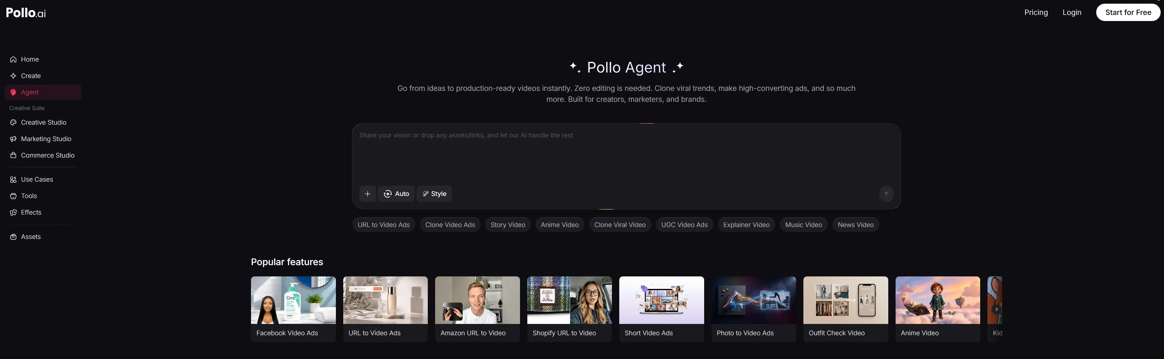 Pollo AI Agent-Oberfläche zur Erstellung von Videos und Anzeigen mit verschiedenen Funktionen.