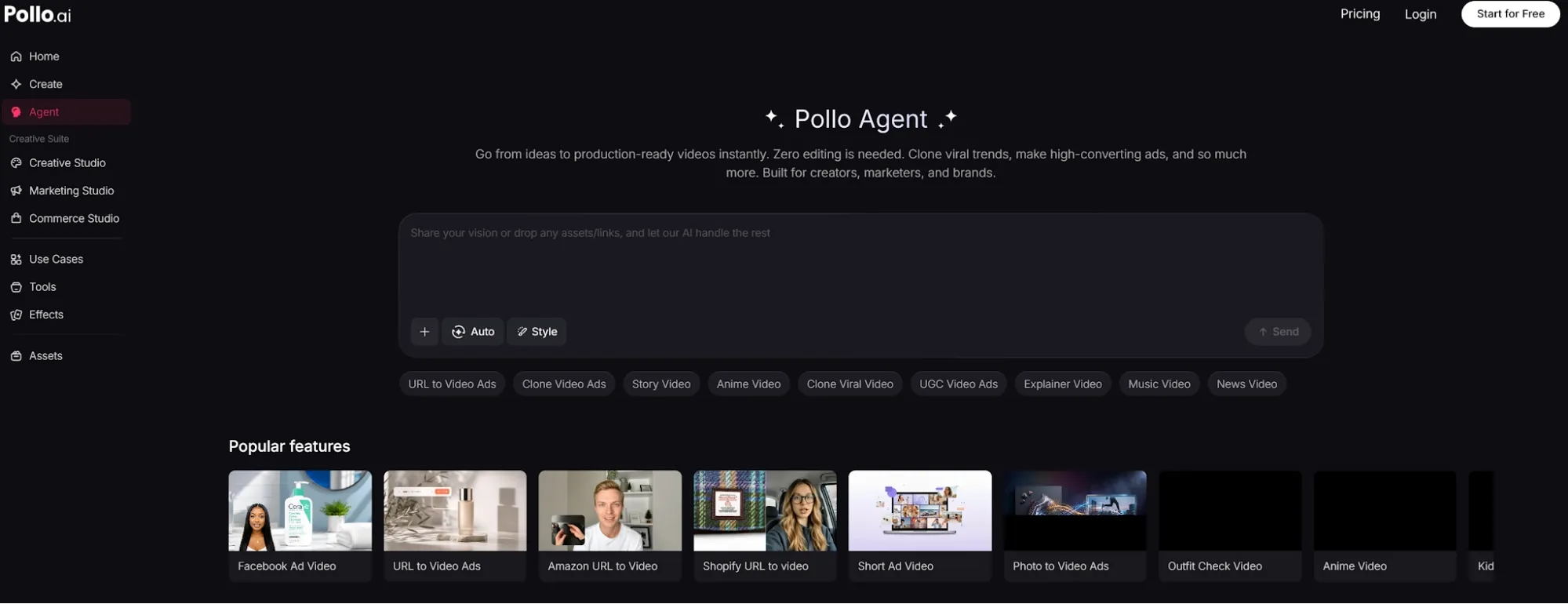 Pollo.ai的代理界面,展示视频创作和广告功能。