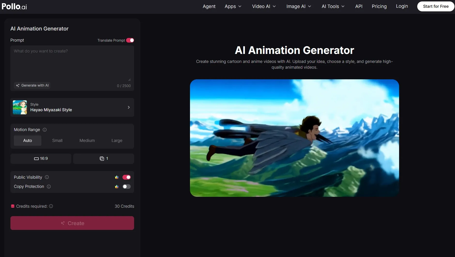 Pollo AI-animationsgeneratorside med forhåndsvisning af flyvende anime-karakterer