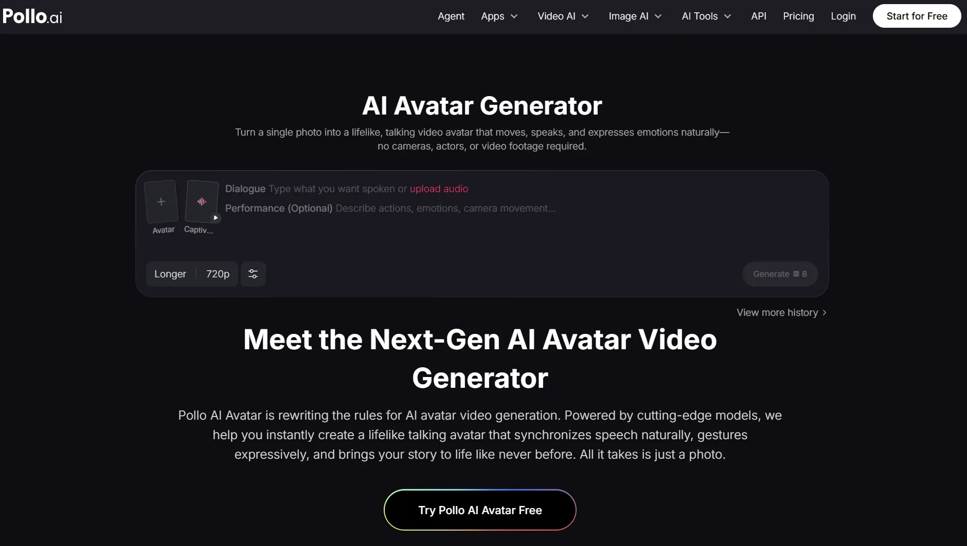 Pollo AI-avatargeneratorpagina voor sprekende video-avatars