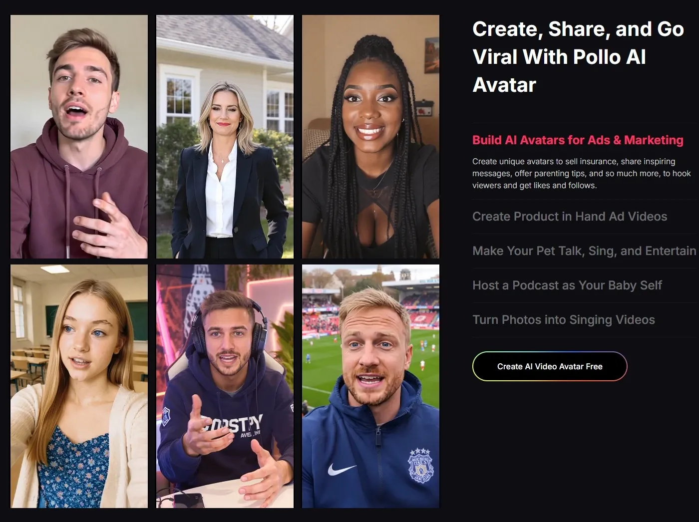 Página de Pollo AI Avatar que muestra diversos avatares digitales humanos para la creación de contenido publicitario, de marketing y viral