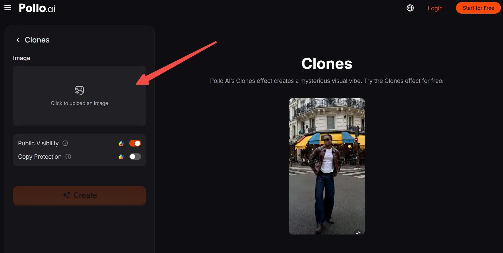 User interface for Pollo AI's Clones effect with upload option.