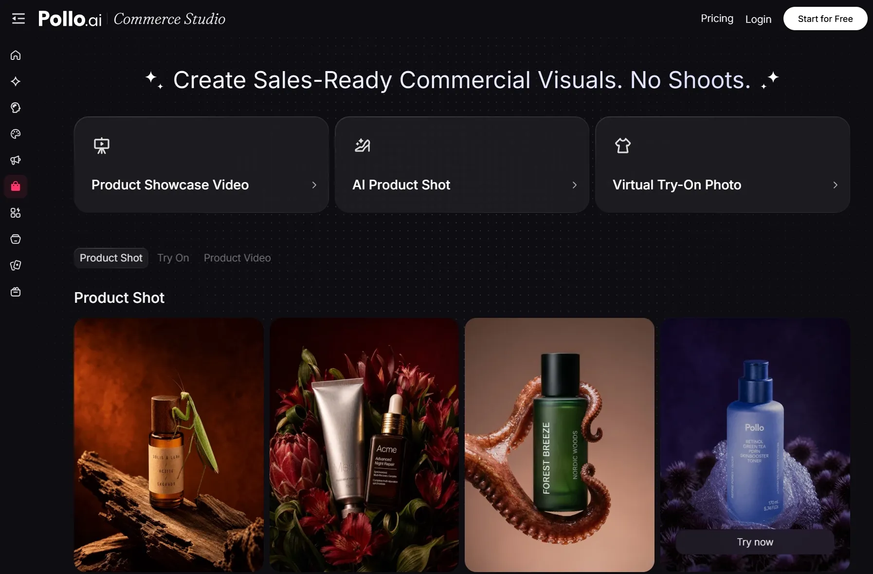 Pollo.ai Commerce Studio page showing product visual creation options and product shot examples