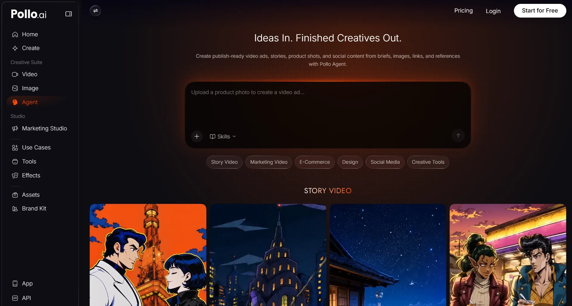 Pollo.ai interface showcasing creative tools and video ad options.