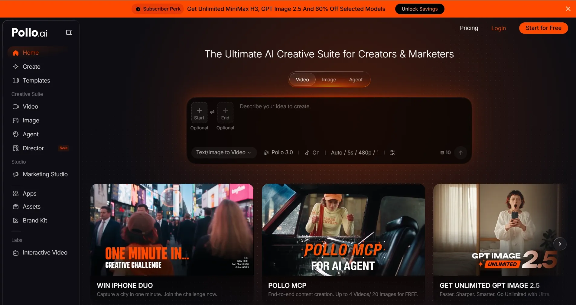 Pollo.ai-hjemmesiden, der viser AI-kreative værktøjer til marketingfolk.