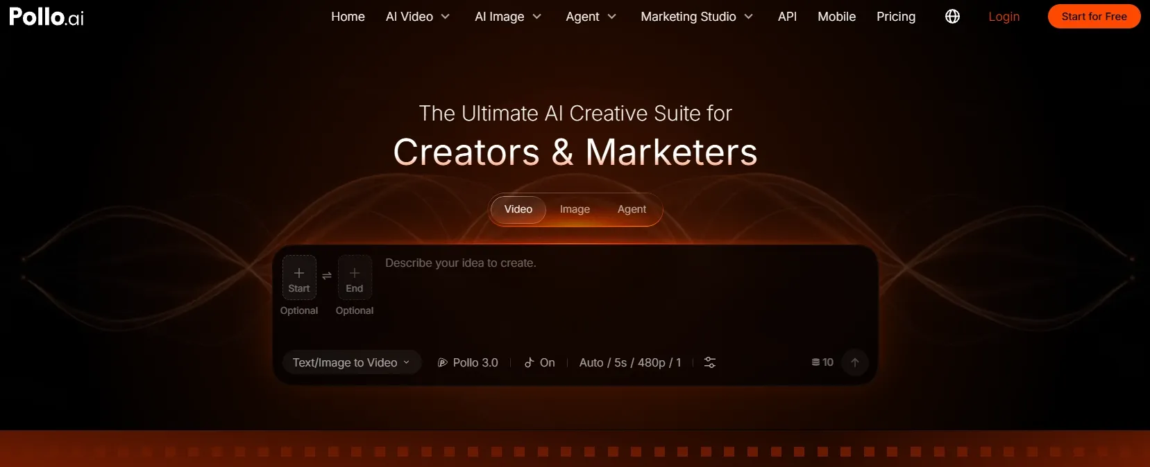 The Pollo.ai interface for AI video and image creation tools.