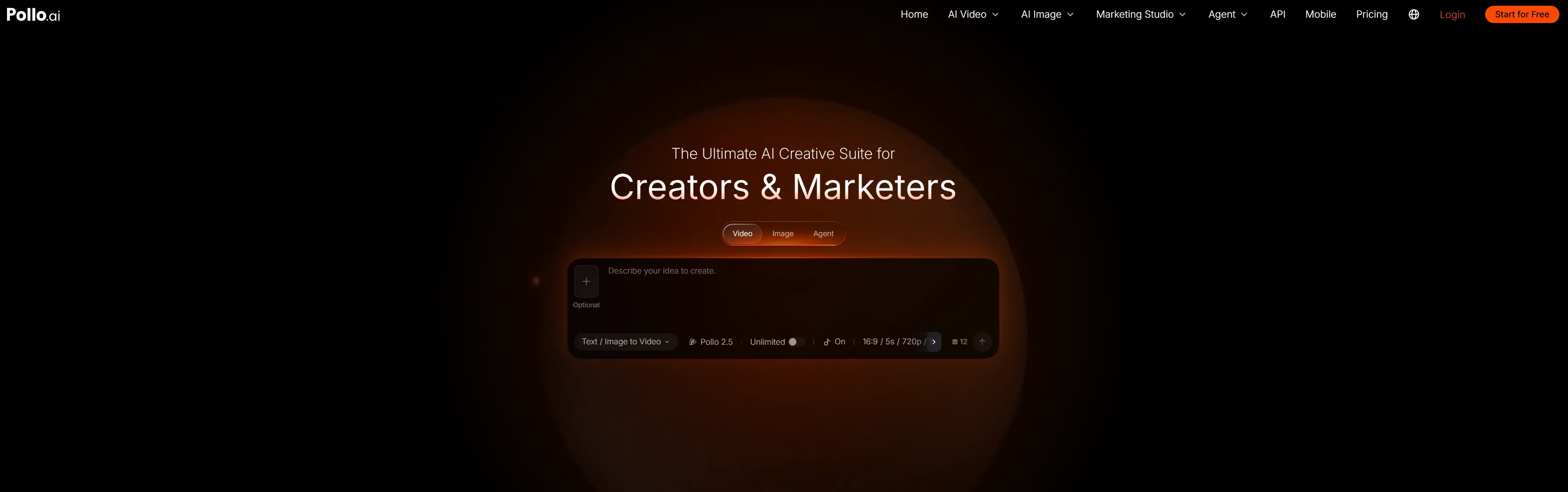 The Pollo.ai homepage featuring tools for creators and marketers.
