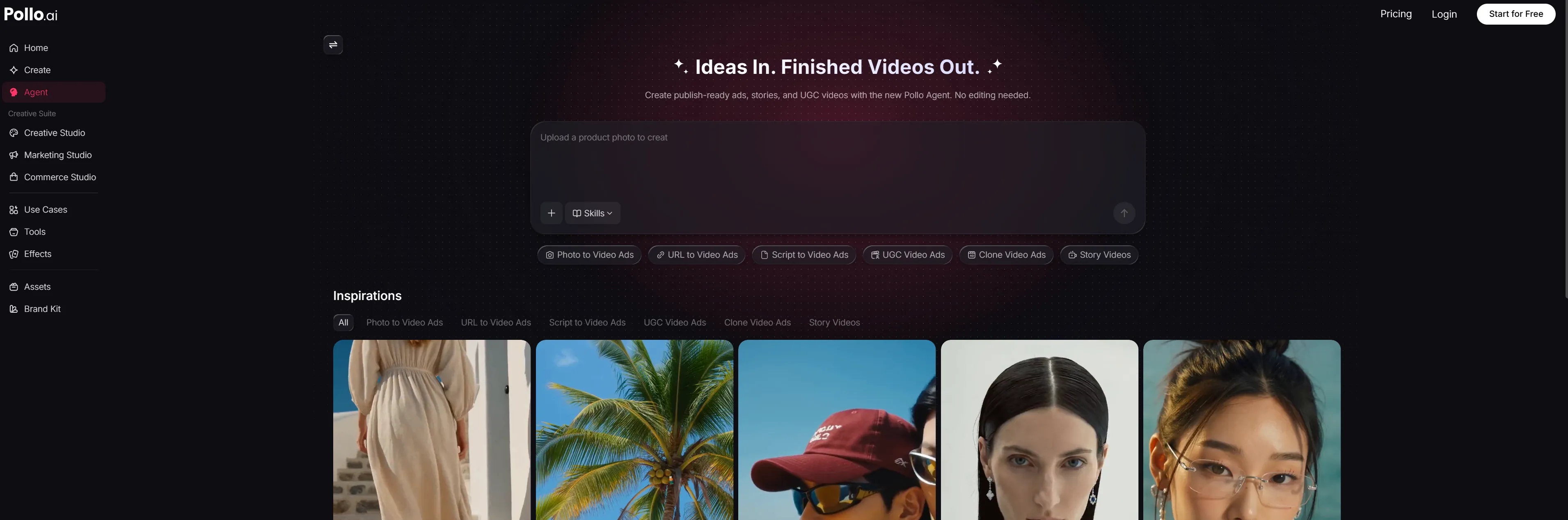 Gebruikersinterface van Pollo.ai met tools en inspiratie voor het maken van videoadvertenties.