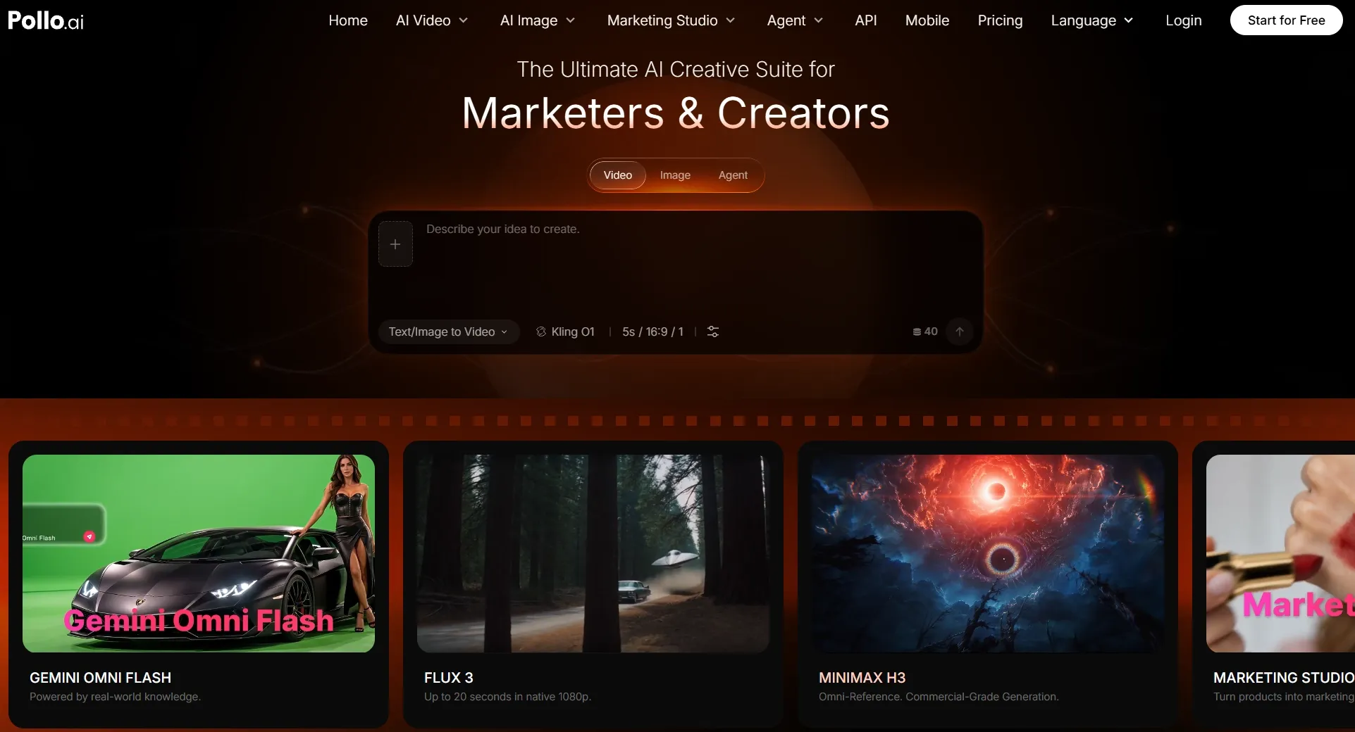 A webpage showcasing AI tools for marketers and creators with various video options.