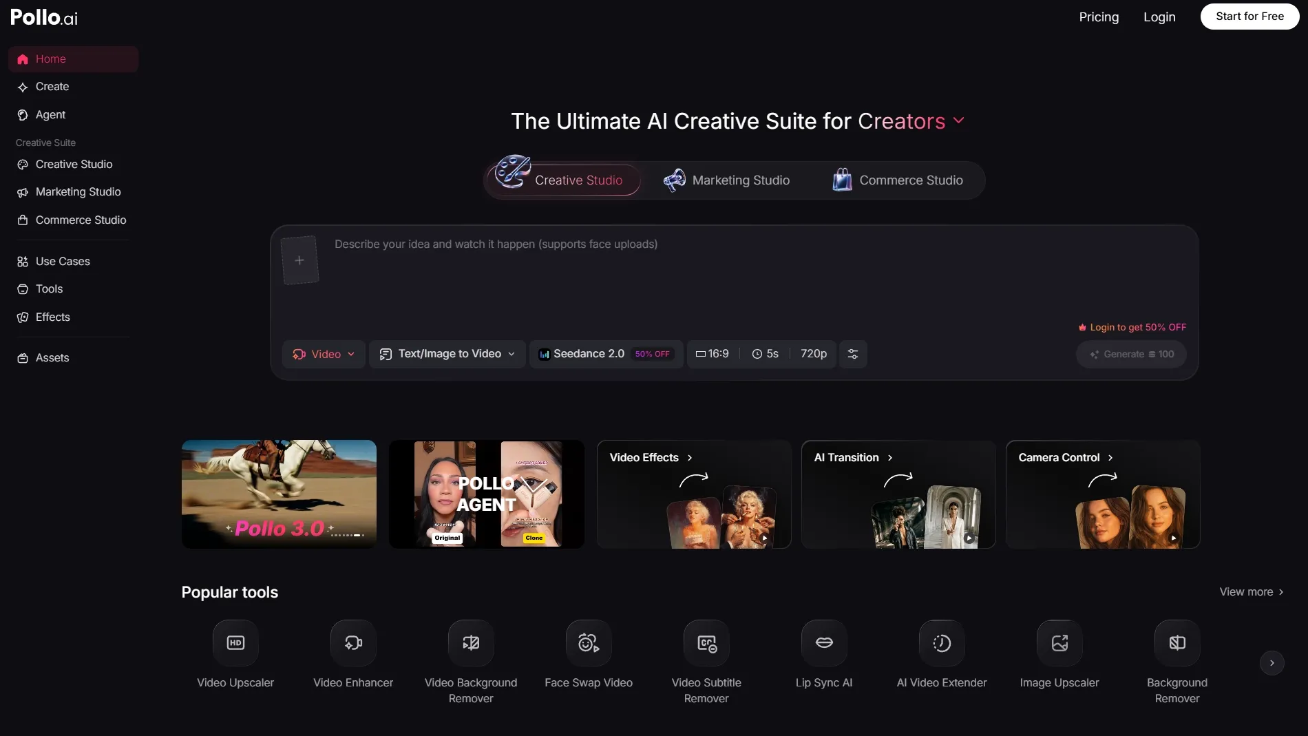 Pollo AI creative suite homepage with video generation tools