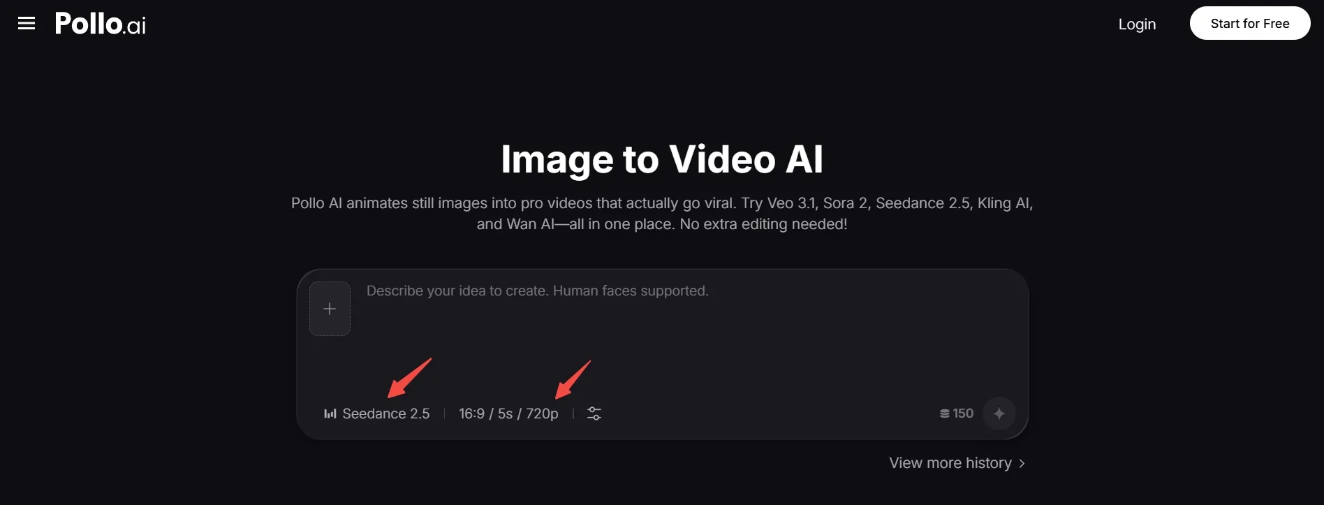 さまざまなオプションを備えた、画像を動画に変換するPollo AIのインターフェース。