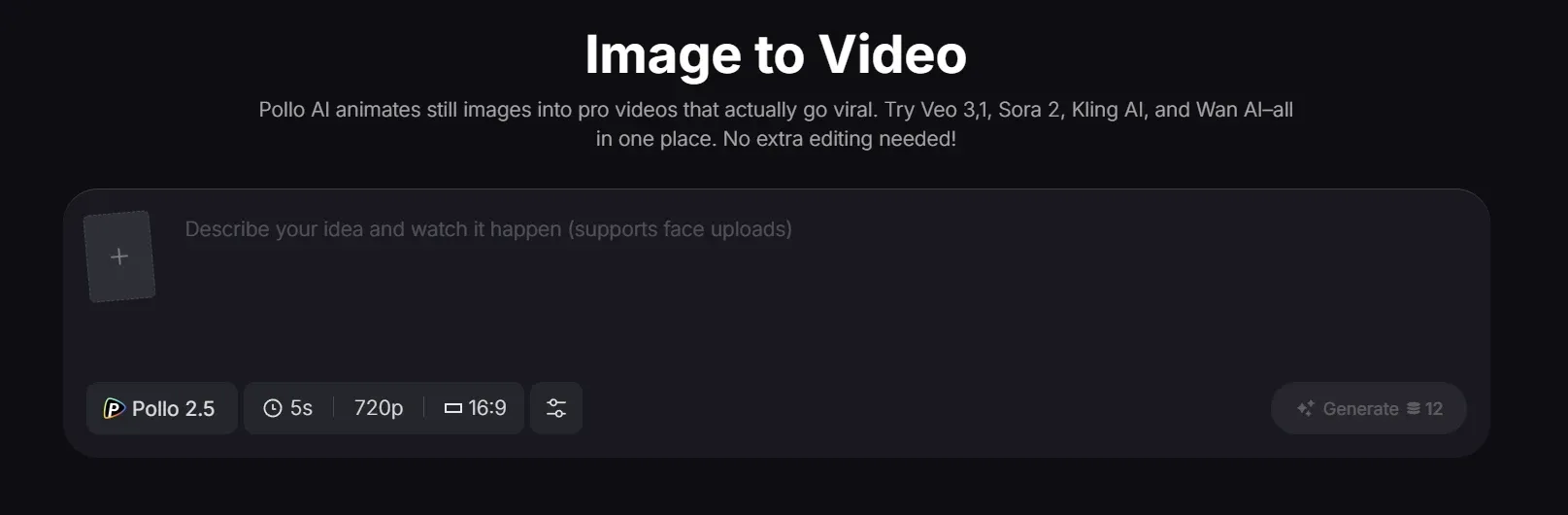 Interface Pollo AI Image to Video pour transformer des images fixes en courtes vidéos professionnelles prêtes à devenir virales.