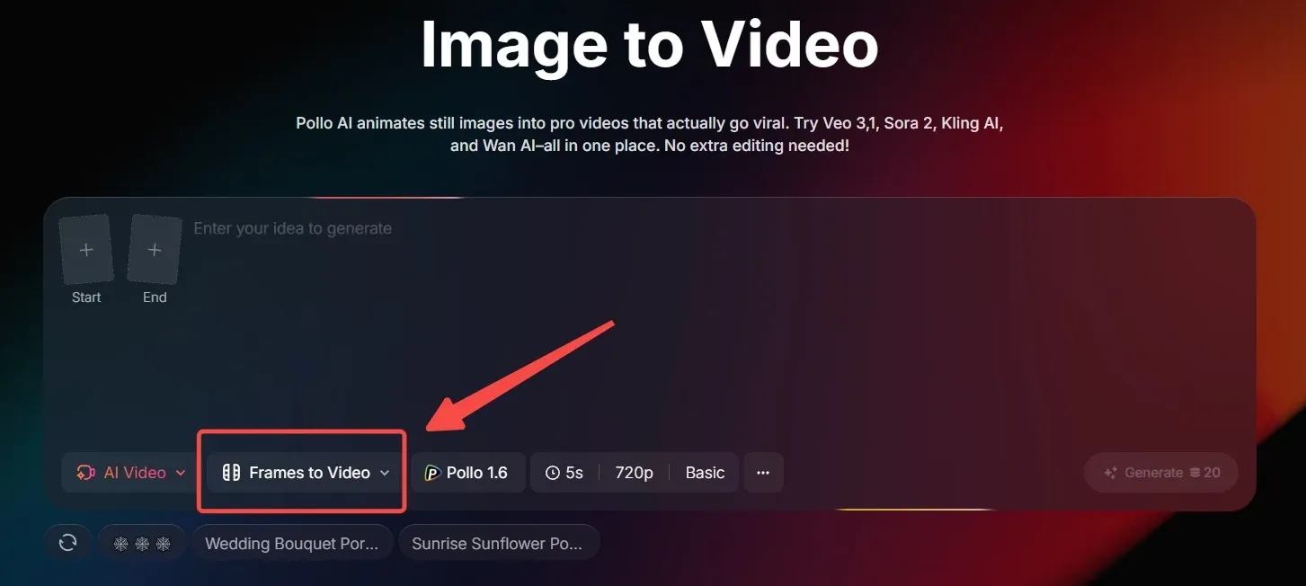 Pollo AI image-to-video interface with Frames to Video option highlighted