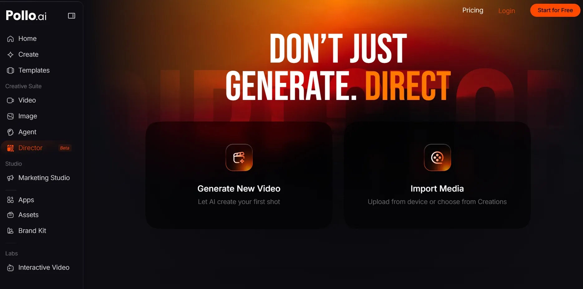 Interfaccia Pollo.ai con opzioni per generare video e importare contenuti multimediali.